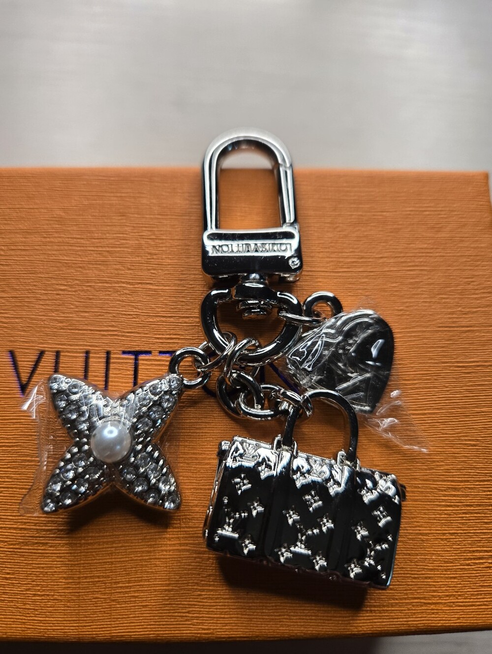 Louis Vuitton Silver Crystal Monogram Charm Keychain - Black & Silver